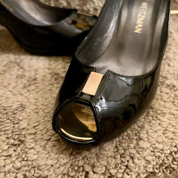 EUC Stuart Weitzman Black Patent Leather Open Peep Toe Pumps Size 6 M - Picture 3 of 8